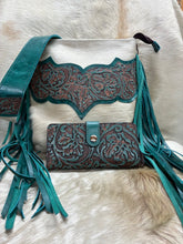 Load image into Gallery viewer, Handcrafted Turquoise Floral Embossed and Champagne Hair-on-Hide Crossbody
