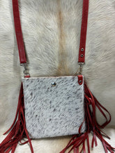 Load image into Gallery viewer, Mini Crossbody - Salt and Pepper Hair on Hide and Red Fringe
