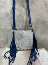 Load image into Gallery viewer, Mini Crossbody - Brown Spotted Hair-on-Hide with Blue Fringe Leather
