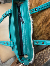 Load image into Gallery viewer, Mini Tote - Black and White Hair on Hide with Turquoise Leather and Black Accent

