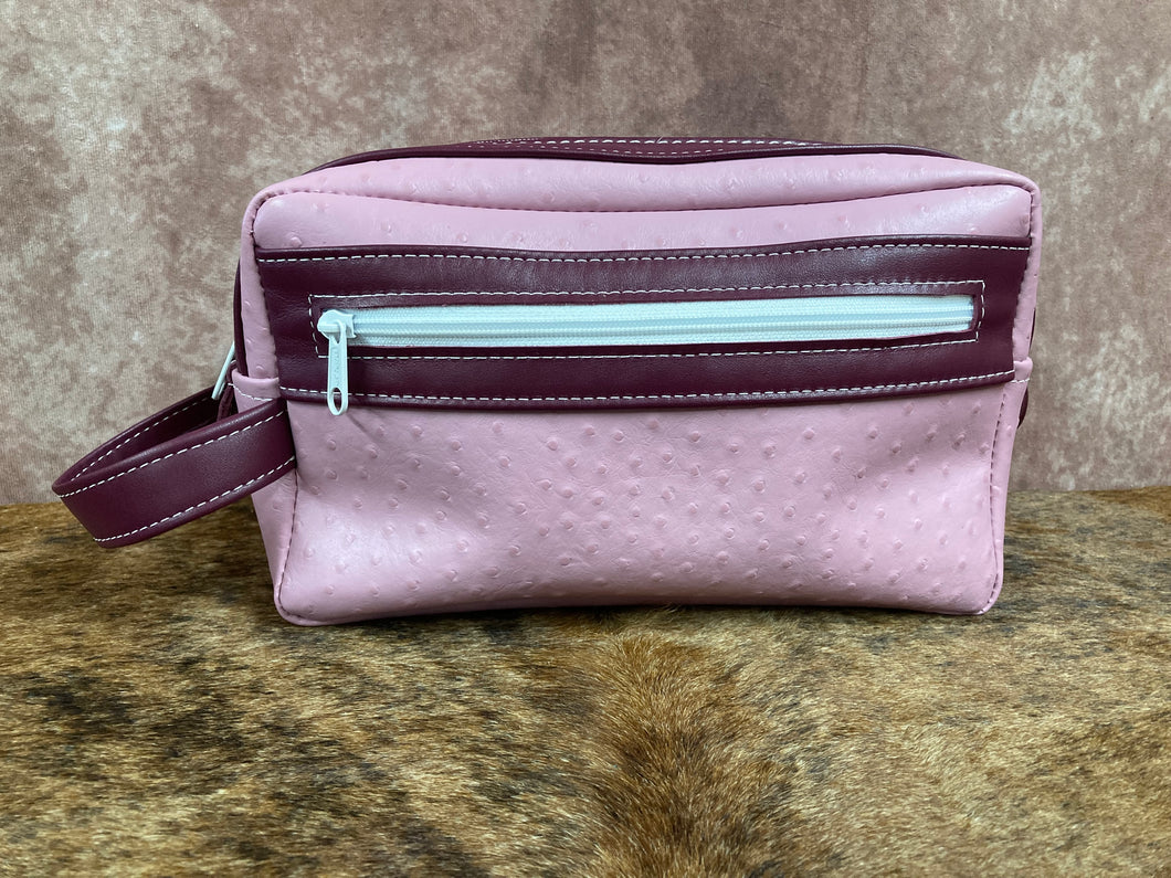 Toiletry/Cosmetic Bag - Pink Embossed Ostrich Leather w/Crimson Trim