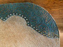 Load image into Gallery viewer, Table Mat 32&quot; x 18&quot; - Tan Hair-on-Hide w/ Floral Embossed Turquoise
