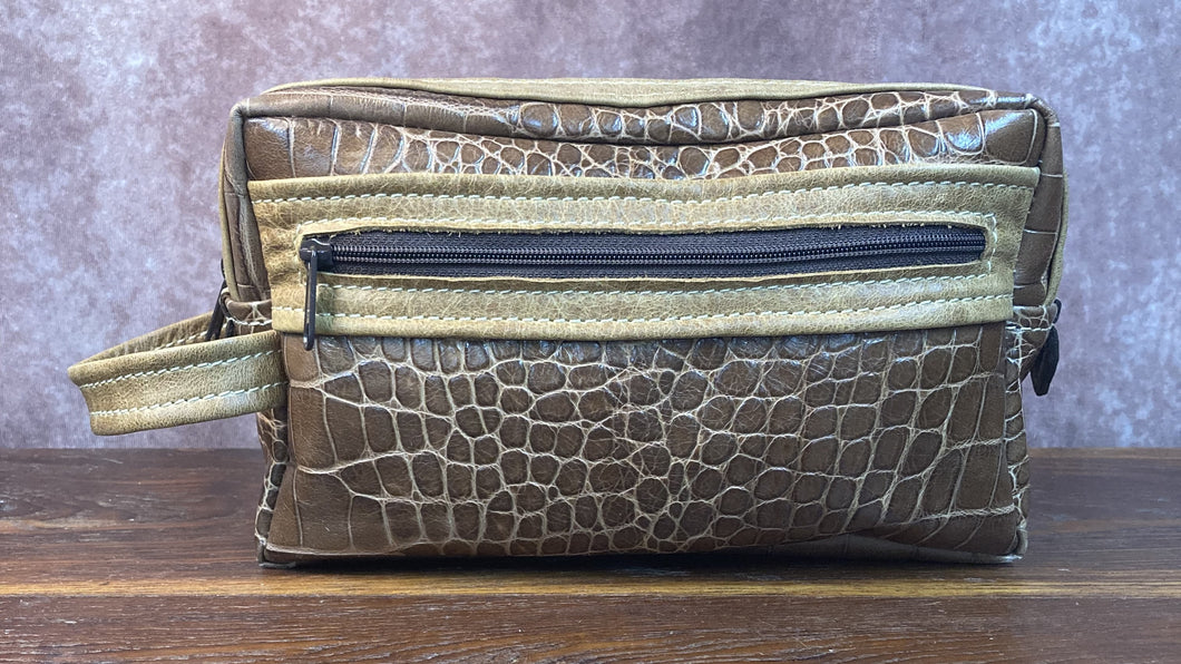 Toiletry/Cosmetic Bag/Shaving Kit - Brown Reptile Embossed and Tan Leather