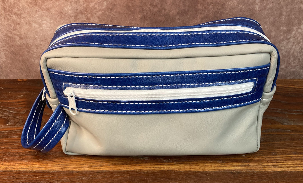 Toiletry/Cosmetic Bag/Shaving Kit - Gray and Blue Leather