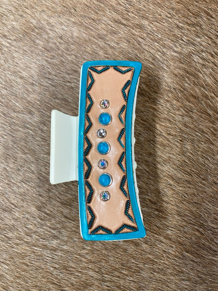 Large Claw Clip - Hand Tooled Leather Turquoise and Spots