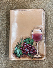 Load image into Gallery viewer, 3&quot; x 5&quot; Hand Tooled Leather Notebook - Red Grapes and a Glass of Wine
