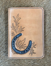 Load image into Gallery viewer, 3&quot; x 5&quot; Hand Tooled Leather Notebook - Horseshoe
