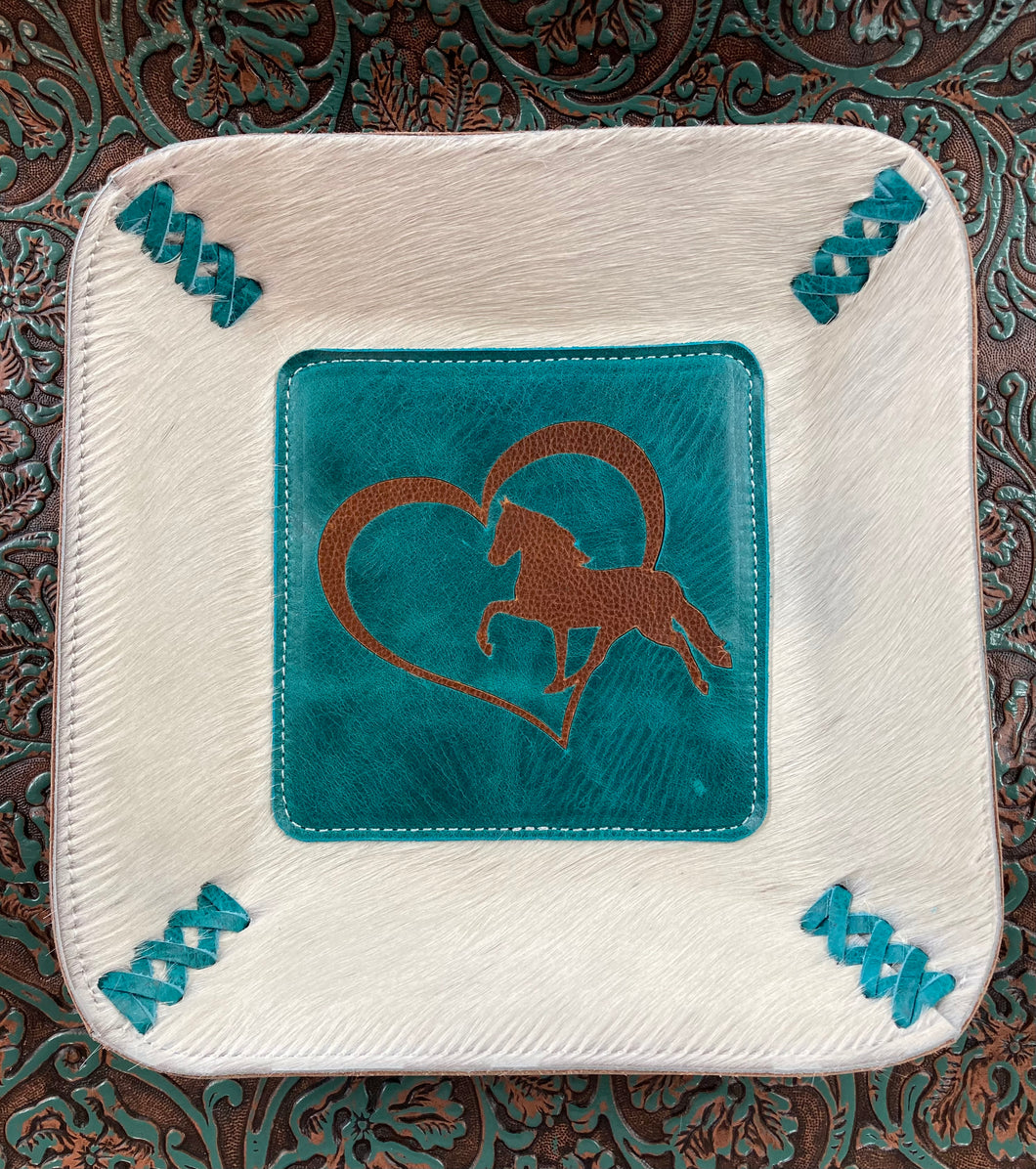 Valet Tray - Brown Horse Inlayed on Turquoise on White Hair-on-Hide