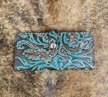 Load image into Gallery viewer, Turquoise Floral Embossed Leather Wallet

