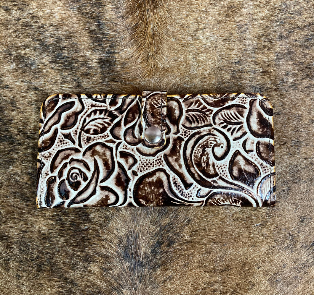 Brown and Cream Rose Embossed Leather Wallet