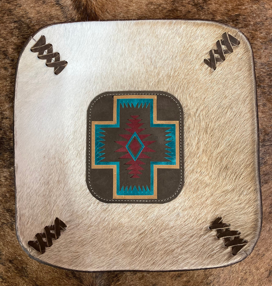 Valet Tray - Inlayed Aztec Cross White/Tan Hair-on-Hide
