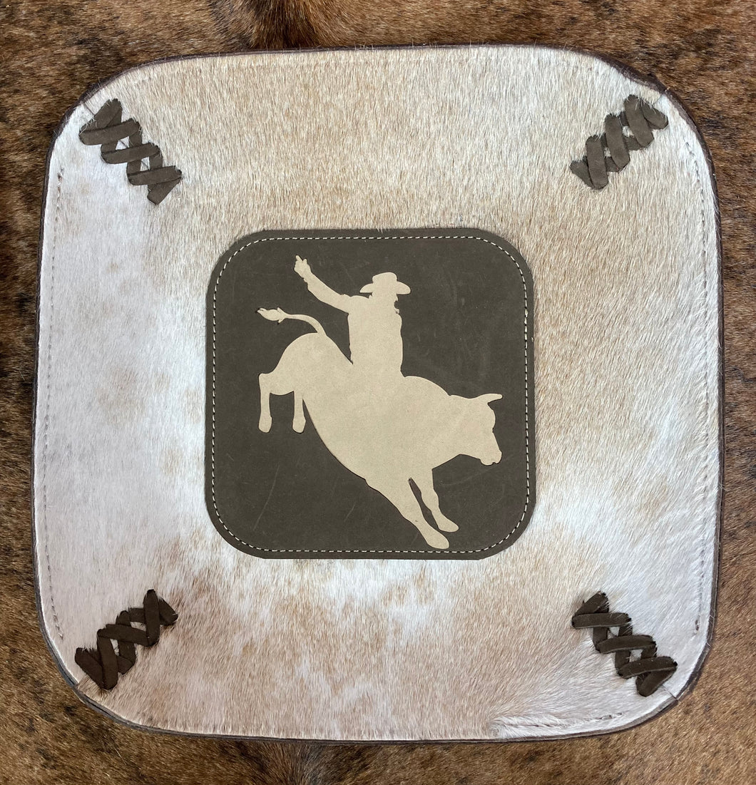 Valet Tray - Bull Rider Inlayed on Brown Leather on White/Tan Hair-on-Hide