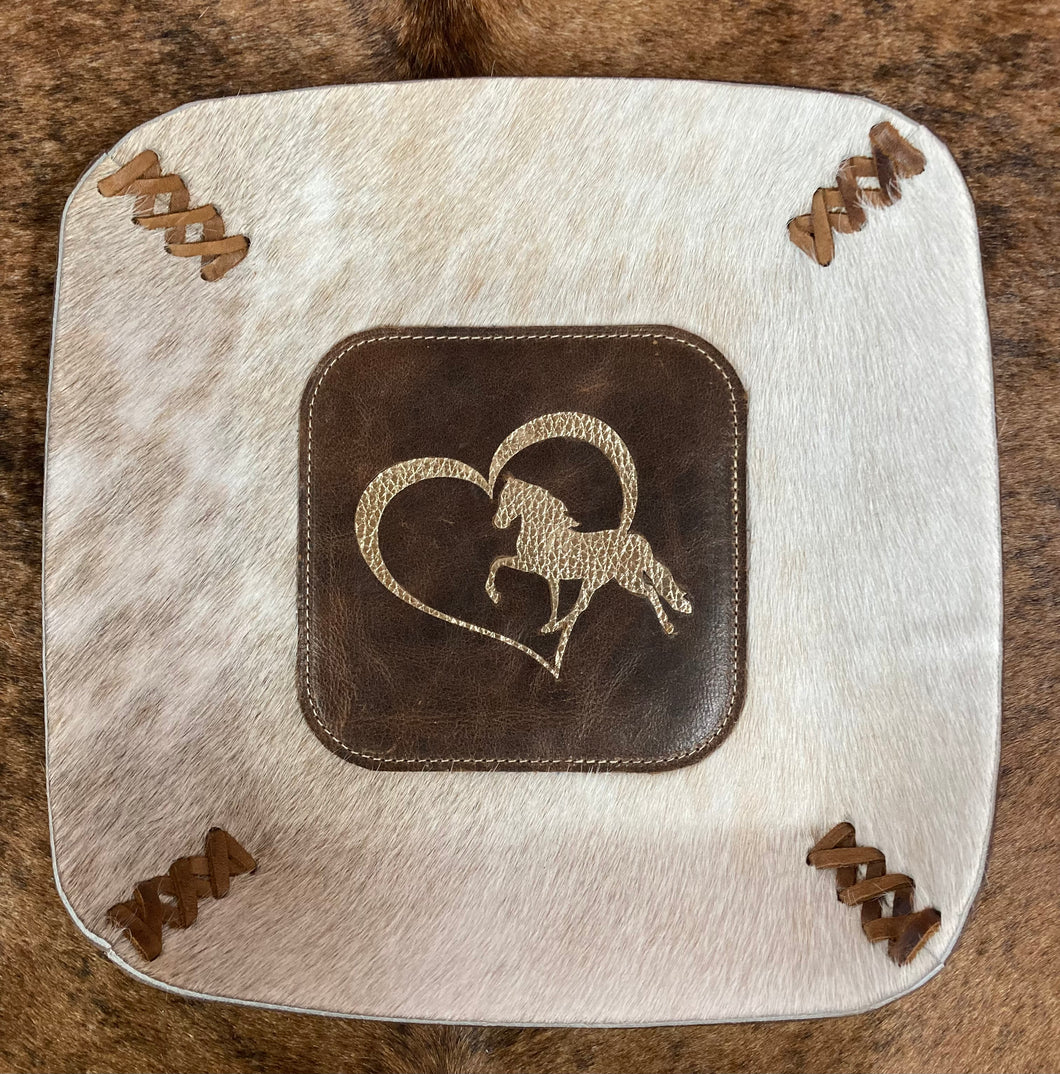 Valet Tray - Gold Horse Inlayed on Brown Leather on White?Tan Hair-on-Hide