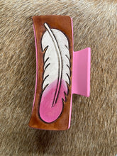 Load image into Gallery viewer, Large Claw Clip - Hand Tooled Leather Pink and White Feather
