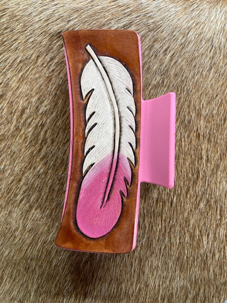 Large Claw Clip - Hand Tooled Leather Pink and White Feather