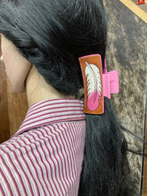 Load image into Gallery viewer, Large Claw Clip - Hand Tooled Leather Pink and White Feather
