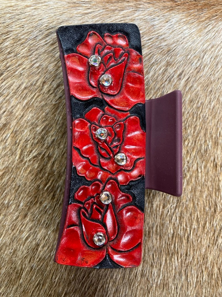 Large Claw Clip - Hand Tooled Leather Red Roses and Crystals