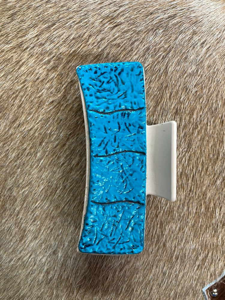 Large Claw Clip - Hand Tooled Leather Turquoise