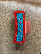 Load image into Gallery viewer, Large Claw Clip - Hand Tooled Leather Turquoise and Coral
