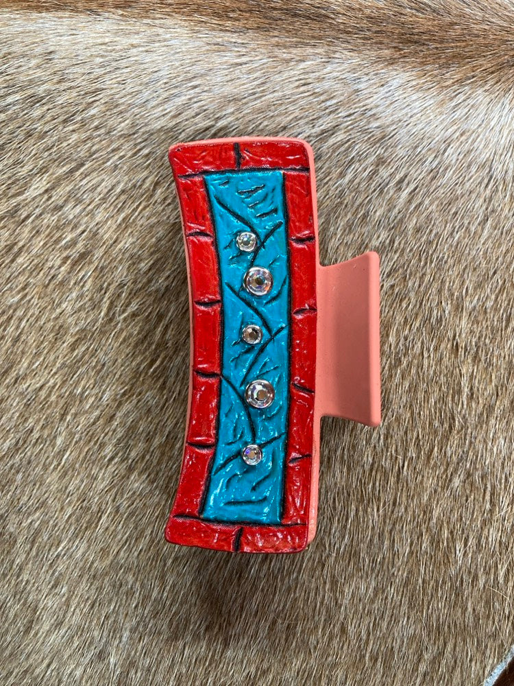 Large Claw Clip - Hand Tooled Leather Turquoise and Coral