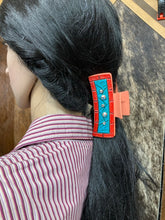 Load image into Gallery viewer, Large Claw Clip - Hand Tooled Leather Turquoise and Coral
