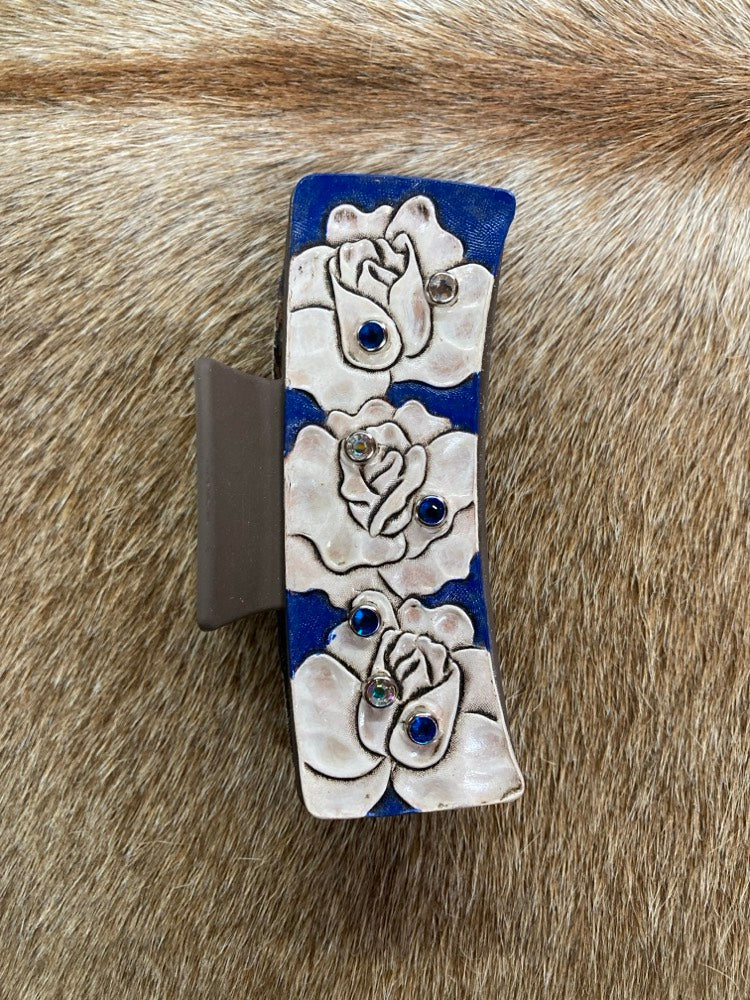 Large Claw Clip - Hand Tooled Leather White Roses