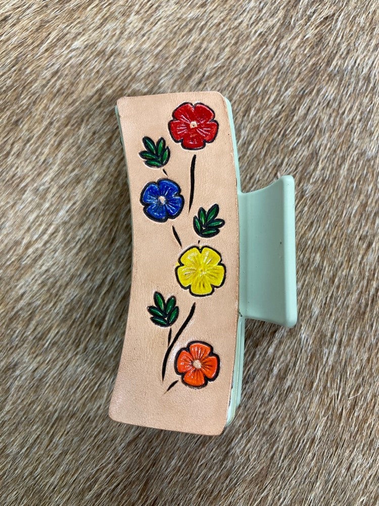Medium Claw Clip - Hand Tooled Leather Flower Garden