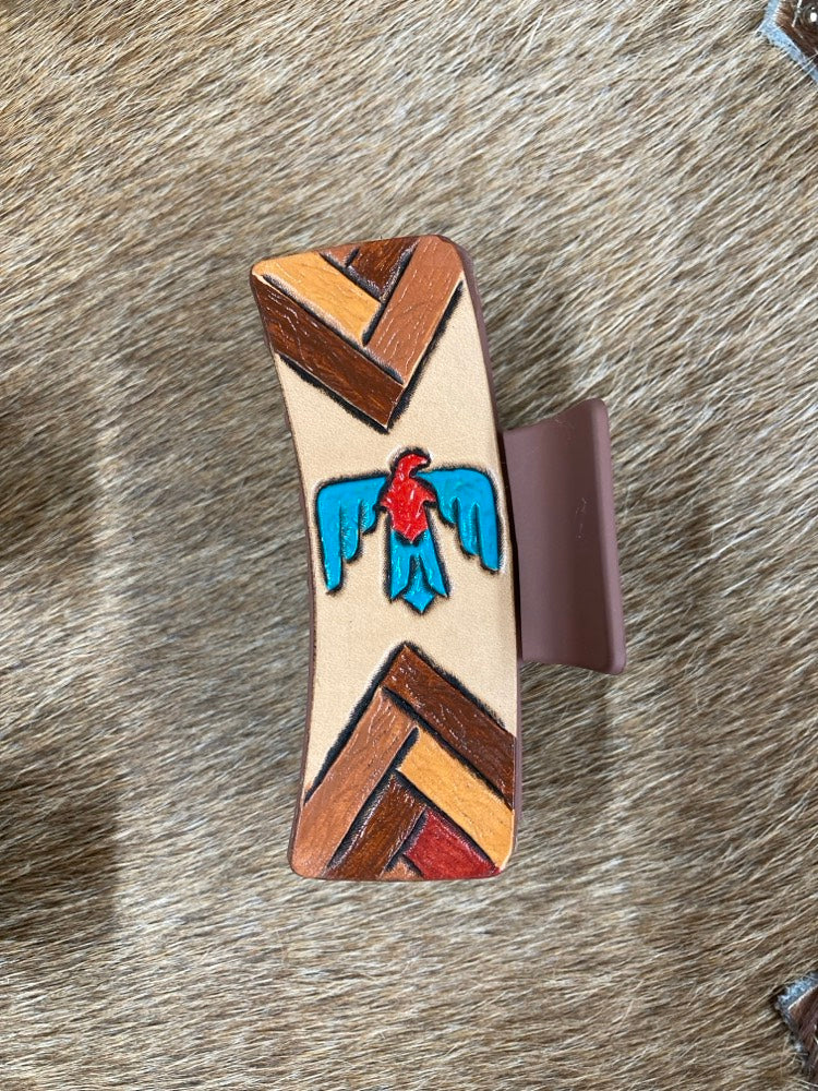 Medium Claw Clip - Hand Tooled Leather Thunderbird