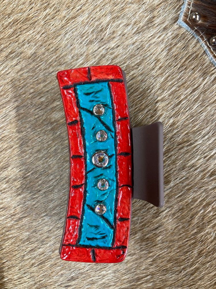 Medium Claw Clip - Hand Tooled Leather Turquoise and Coral