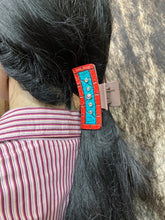 Load image into Gallery viewer, Medium Claw Clip - Hand Tooled Leather Turquoise and Coral

