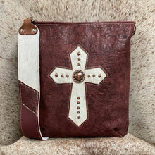 Load image into Gallery viewer, Designer Rustic Red Crossbody with Hair-on-Hide Cross
