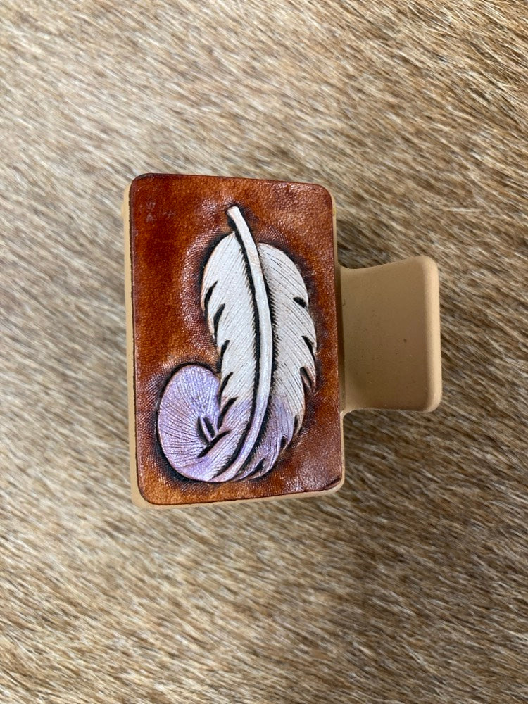 Small Claw Clip - Hand Tooled Leather Feather