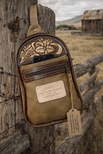 Load image into Gallery viewer, Sling Bag/Crossbody Tan Leather with Floral Tooling
