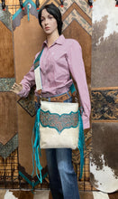 Load image into Gallery viewer, Designer Turquoise Floral Embossed and Champagne Hair-on-Hide Crossbody

