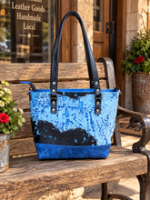 Load image into Gallery viewer, Mini Tote - Blue Splash of Color Hair on Hide with black accent

