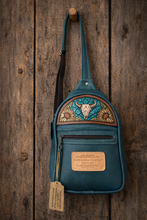 Load image into Gallery viewer, Sling Bag/Crossbody Deep Teal Leather with a Cow Skull
