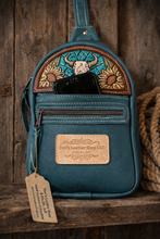 Load image into Gallery viewer, Sling Bag/Crossbody Deep Teal Leather with a Cow Skull
