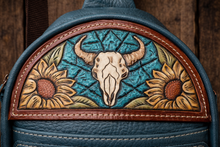 Load image into Gallery viewer, Sling Bag/Crossbody Deep Teal Leather with a Cow Skull
