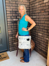 Load image into Gallery viewer, Large Black and White Speckled Cowhide Crossbody with Plum Fringe
