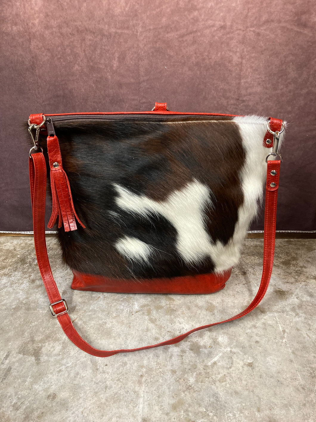 Backpack/Crossbody Bag -  Tri-color Hair-on-Hide and Red Leather