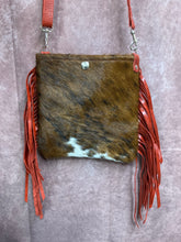 Load image into Gallery viewer, Mini Crossbody - Tri-Color Hair-on-Hide with Red Fringe Leather
