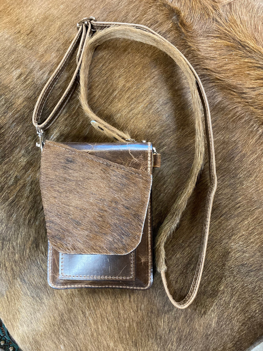 Cell Phone Purse - Brown Crinkled Leather w/ Brown Hair-on-Hide