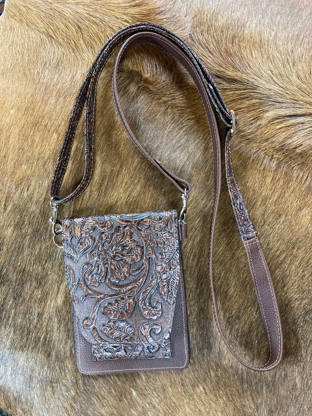 Cell Phone Purse - Brown Floral Embossed Leather