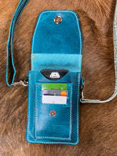 Load image into Gallery viewer, Cell Phone Purse - Turquoise w/Seafoam Floral Embossed Leather
