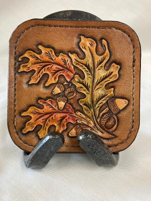 Hand Tooled Leather Oak Leaf Coasters with Horseshoe Stand