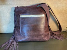 Load image into Gallery viewer, Large Black and White Speckled Cowhide Crossbody with Plum Fringe
